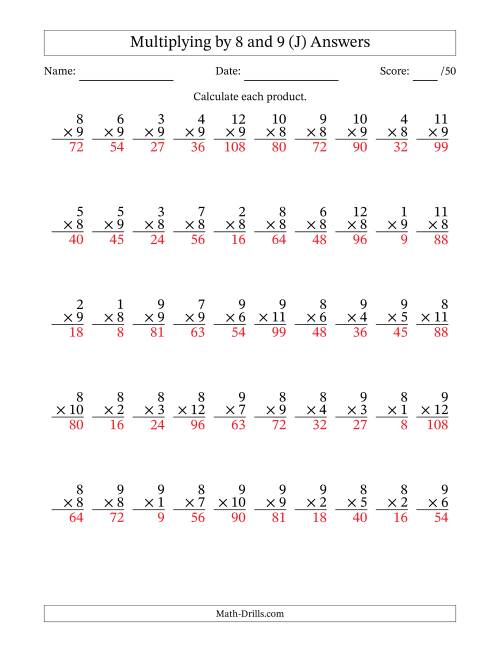 The Multiplying (1 to 12) by 8 and 9 (50 Questions) (J) Math Worksheet Page 2