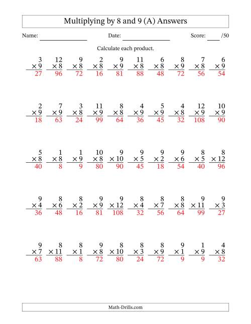 The Multiplying (1 to 12) by 8 and 9 (50 Questions) (All) Math Worksheet Page 2