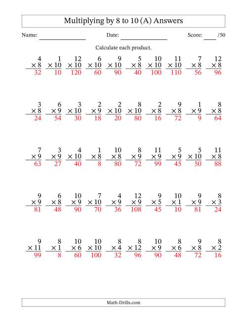 The Multiplying (1 to 12) by 8 to 10 (50 Questions) (A) Math Worksheet Page 2