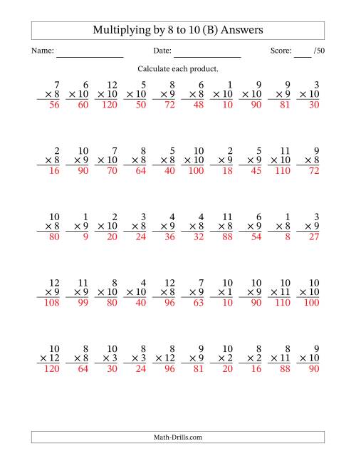 The Multiplying (1 to 12) by 8 to 10 (50 Questions) (B) Math Worksheet Page 2