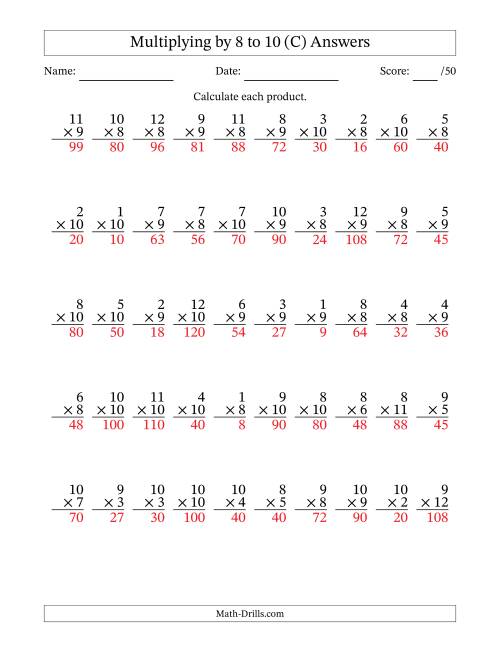 The Multiplying (1 to 12) by 8 to 10 (50 Questions) (C) Math Worksheet Page 2