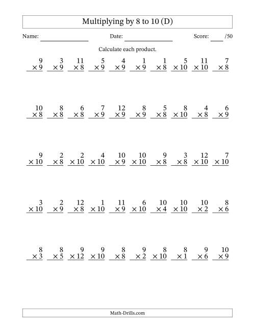 The Multiplying (1 to 12) by 8 to 10 (50 Questions) (D) Math Worksheet