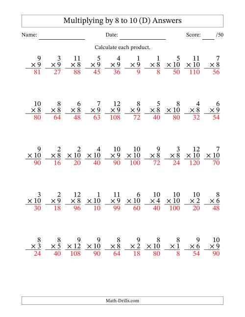The Multiplying (1 to 12) by 8 to 10 (50 Questions) (D) Math Worksheet Page 2