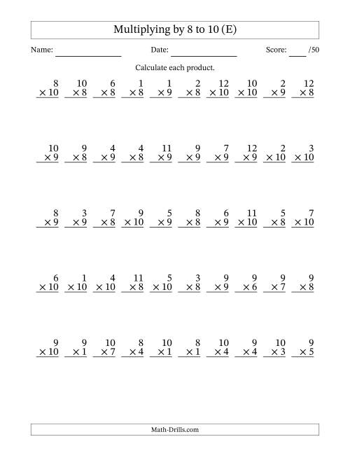 The Multiplying (1 to 12) by 8 to 10 (50 Questions) (E) Math Worksheet