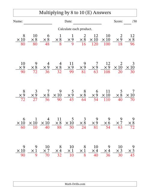 The Multiplying (1 to 12) by 8 to 10 (50 Questions) (E) Math Worksheet Page 2
