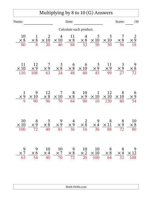 The Multiplying (1 to 12) by 8 to 10 (50 Questions) (G) Math Worksheet Page 2