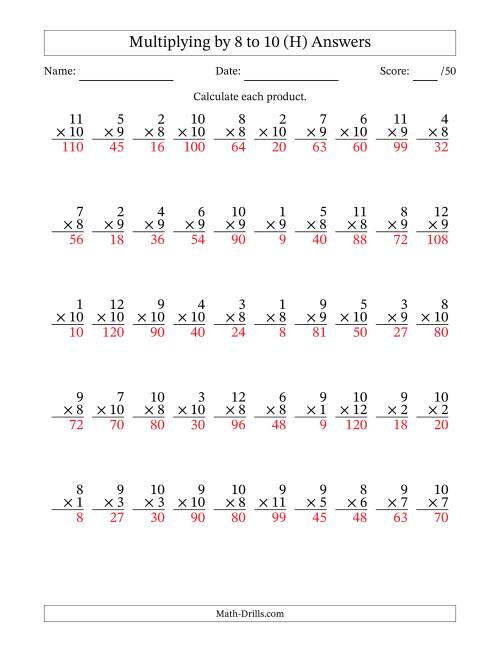 The Multiplying (1 to 12) by 8 to 10 (50 Questions) (H) Math Worksheet Page 2