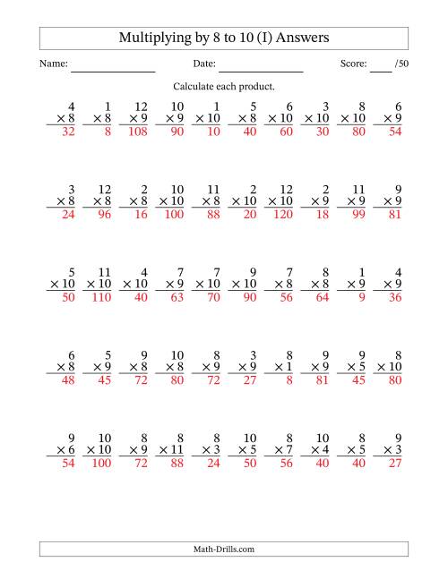 The Multiplying (1 to 12) by 8 to 10 (50 Questions) (I) Math Worksheet Page 2