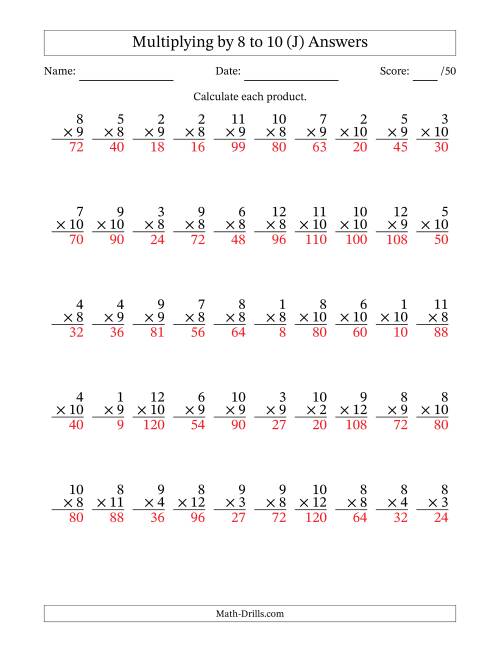 The Multiplying (1 to 12) by 8 to 10 (50 Questions) (J) Math Worksheet Page 2
