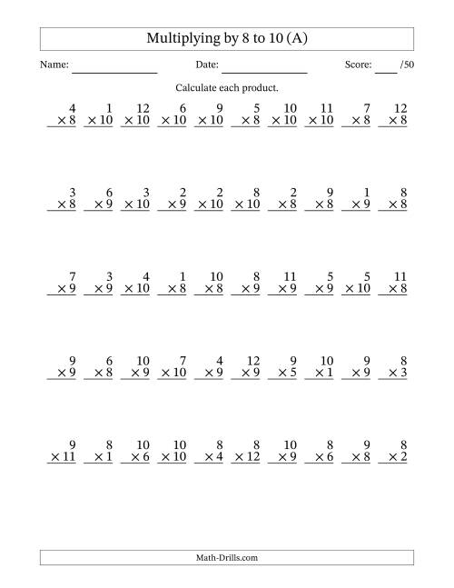 The Multiplying (1 to 12) by 8 to 10 (50 Questions) (All) Math Worksheet