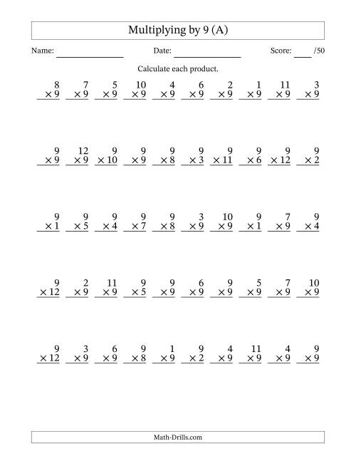 The Multiplying (1 to 12) by 9 (50 Questions) (A) Math Worksheet