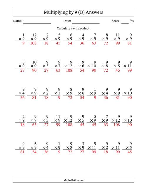 The Multiplying (1 to 12) by 9 (50 Questions) (B) Math Worksheet Page 2