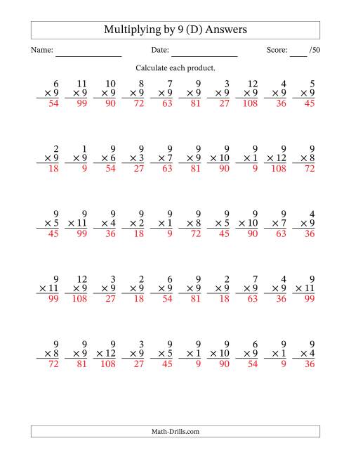 The Multiplying (1 to 12) by 9 (50 Questions) (D) Math Worksheet Page 2
