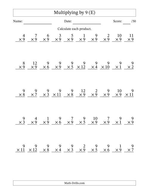The Multiplying (1 to 12) by 9 (50 Questions) (E) Math Worksheet
