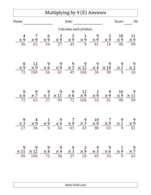 The Multiplying (1 to 12) by 9 (50 Questions) (E) Math Worksheet Page 2
