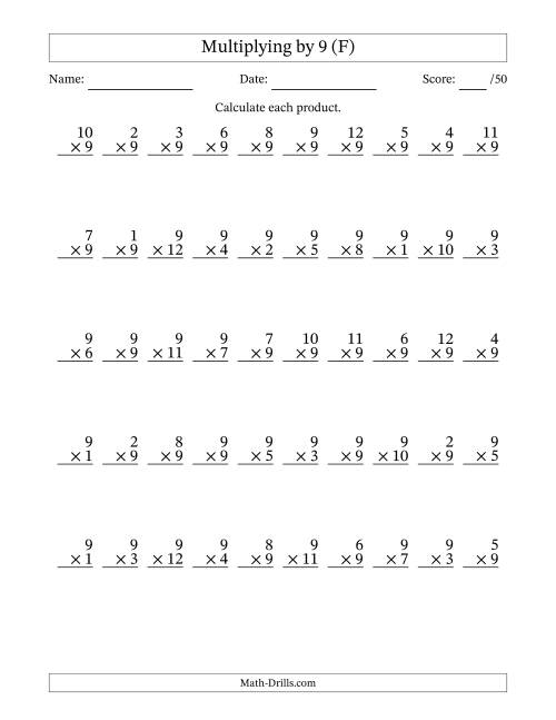 The Multiplying (1 to 12) by 9 (50 Questions) (F) Math Worksheet