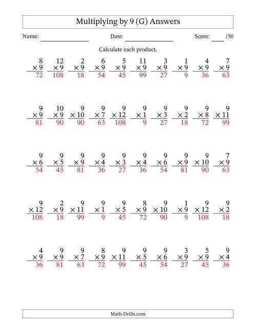 The Multiplying (1 to 12) by 9 (50 Questions) (G) Math Worksheet Page 2