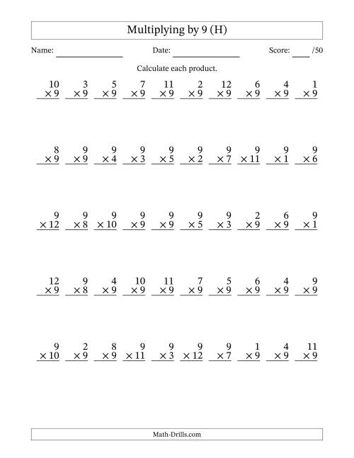 The Multiplying (1 to 12) by 9 (50 Questions) (H) Math Worksheet