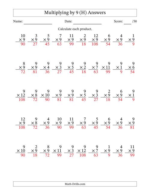The Multiplying (1 to 12) by 9 (50 Questions) (H) Math Worksheet Page 2