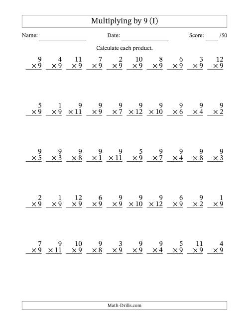 The Multiplying (1 to 12) by 9 (50 Questions) (I) Math Worksheet