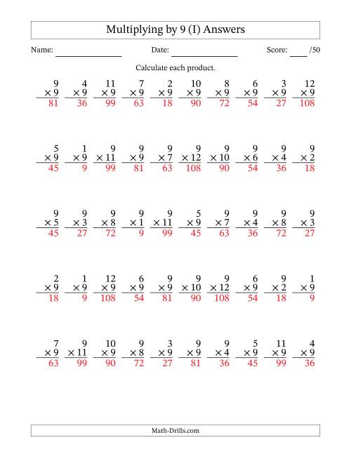 The Multiplying (1 to 12) by 9 (50 Questions) (I) Math Worksheet Page 2