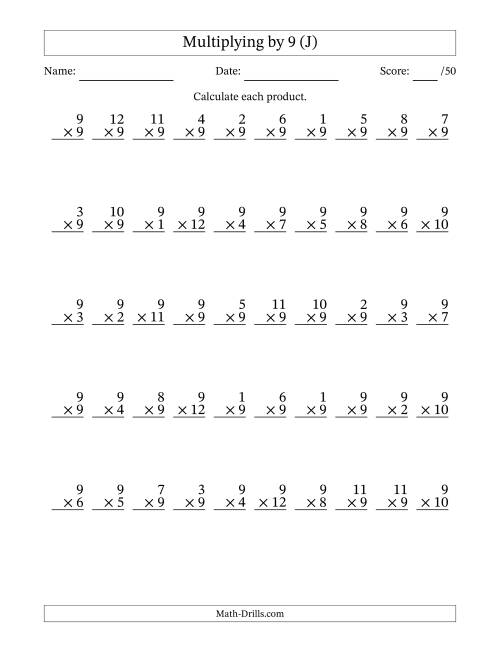 The Multiplying (1 to 12) by 9 (50 Questions) (J) Math Worksheet