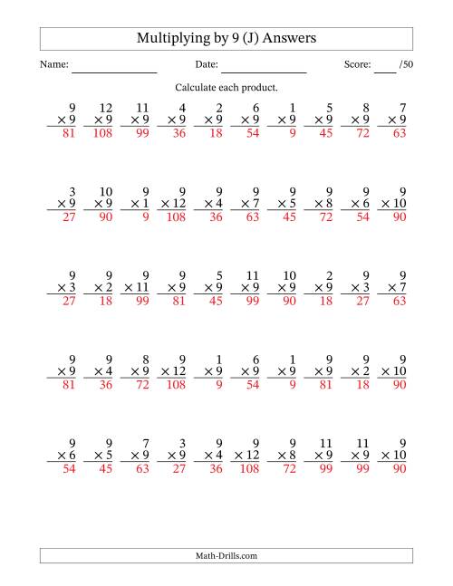 The Multiplying (1 to 12) by 9 (50 Questions) (J) Math Worksheet Page 2