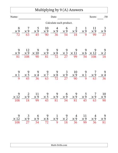 The Multiplying (1 to 12) by 9 (50 Questions) (All) Math Worksheet Page 2