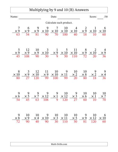 The Multiplying (1 to 12) by 9 and 10 (50 Questions) (B) Math Worksheet Page 2