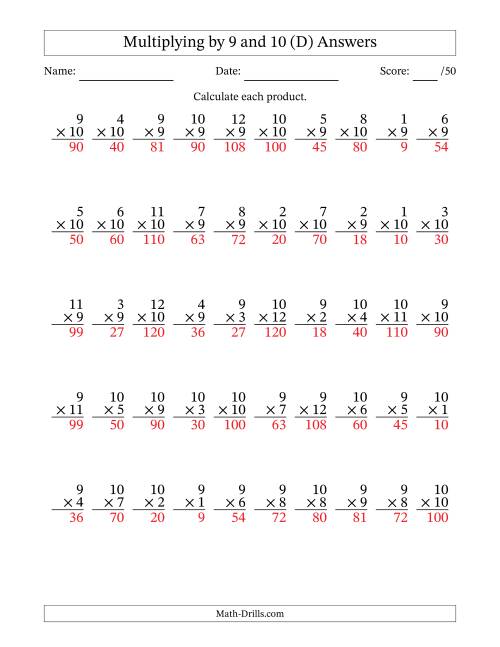 The Multiplying (1 to 12) by 9 and 10 (50 Questions) (D) Math Worksheet Page 2