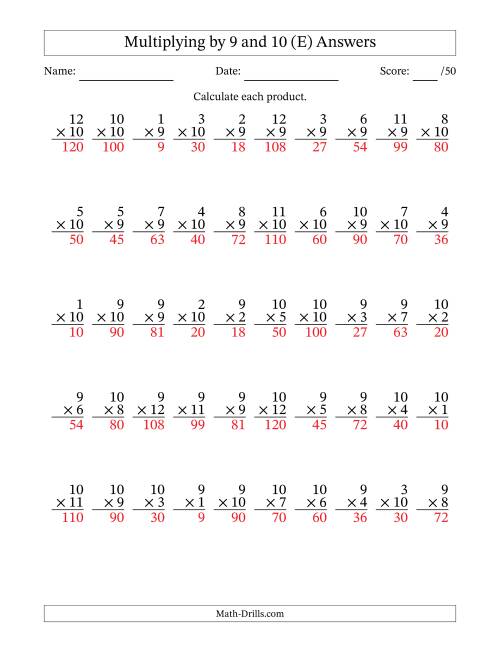 The Multiplying (1 to 12) by 9 and 10 (50 Questions) (E) Math Worksheet Page 2