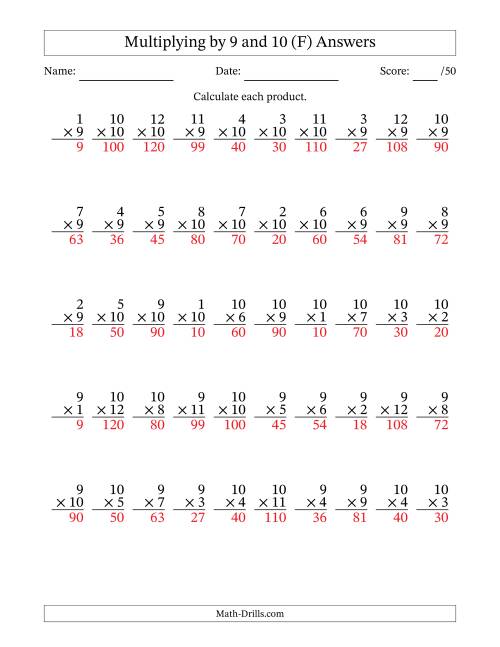 The Multiplying (1 to 12) by 9 and 10 (50 Questions) (F) Math Worksheet Page 2