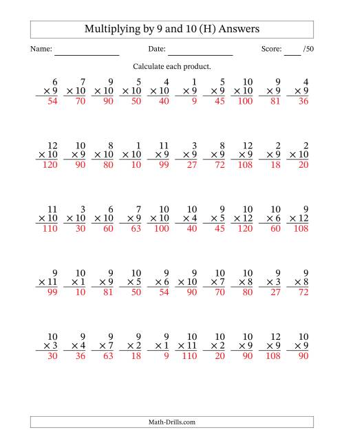 The Multiplying (1 to 12) by 9 and 10 (50 Questions) (H) Math Worksheet Page 2