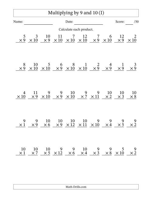 The Multiplying (1 to 12) by 9 and 10 (50 Questions) (I) Math Worksheet