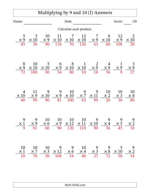 The Multiplying (1 to 12) by 9 and 10 (50 Questions) (I) Math Worksheet Page 2