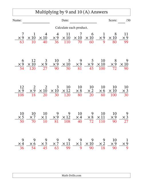The Multiplying (1 to 12) by 9 and 10 (50 Questions) (All) Math Worksheet Page 2