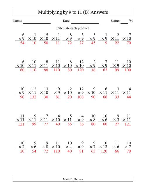 The Multiplying (1 to 12) by 9 to 11 (50 Questions) (B) Math Worksheet Page 2