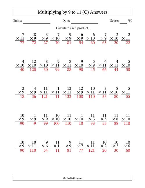 The Multiplying (1 to 12) by 9 to 11 (50 Questions) (C) Math Worksheet Page 2