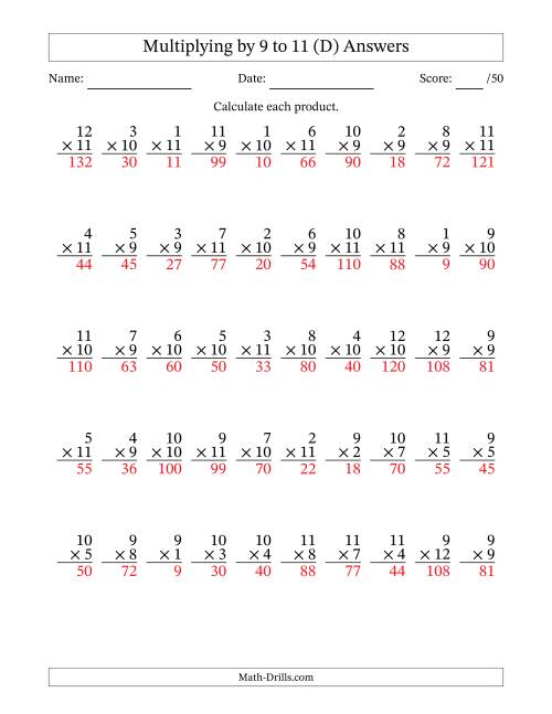 The Multiplying (1 to 12) by 9 to 11 (50 Questions) (D) Math Worksheet Page 2