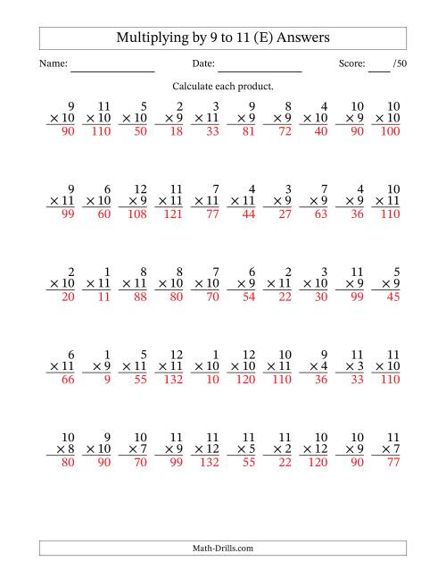 The Multiplying (1 to 12) by 9 to 11 (50 Questions) (E) Math Worksheet Page 2