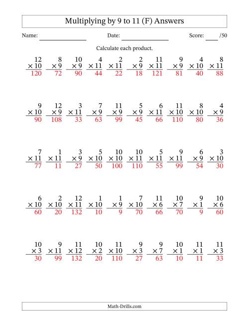 The Multiplying (1 to 12) by 9 to 11 (50 Questions) (F) Math Worksheet Page 2