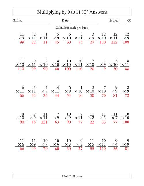 The Multiplying (1 to 12) by 9 to 11 (50 Questions) (G) Math Worksheet Page 2