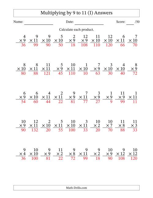 The Multiplying (1 to 12) by 9 to 11 (50 Questions) (I) Math Worksheet Page 2