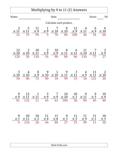 The Multiplying (1 to 12) by 9 to 11 (50 Questions) (J) Math Worksheet Page 2