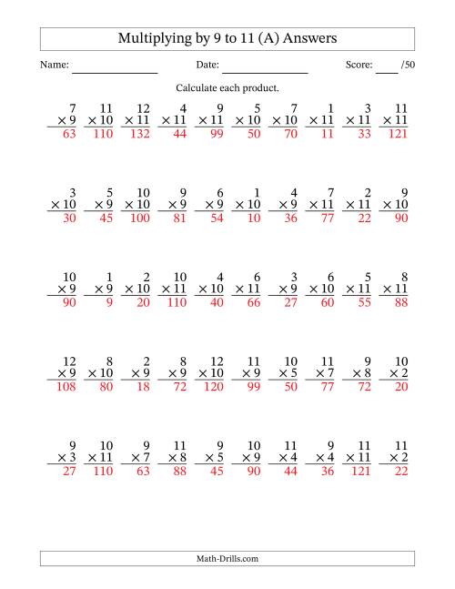 The Multiplying (1 to 12) by 9 to 11 (50 Questions) (All) Math Worksheet Page 2
