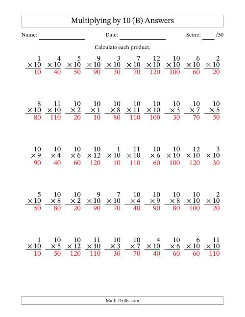 The Multiplying (1 to 12) by 10 (50 Questions) (B) Math Worksheet Page 2