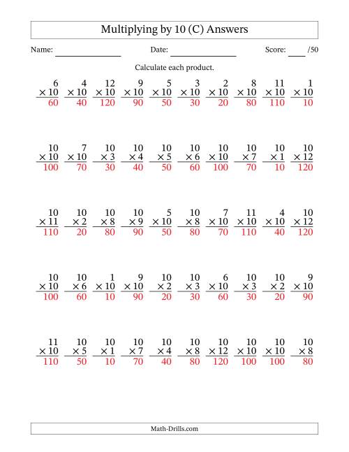 The Multiplying (1 to 12) by 10 (50 Questions) (C) Math Worksheet Page 2