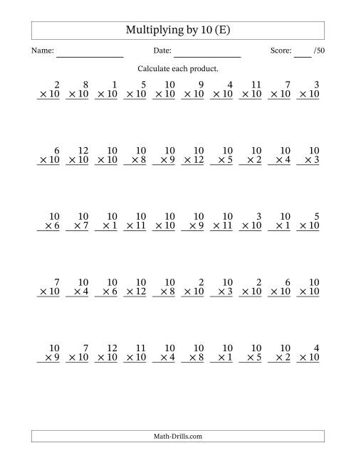 The Multiplying (1 to 12) by 10 (50 Questions) (E) Math Worksheet