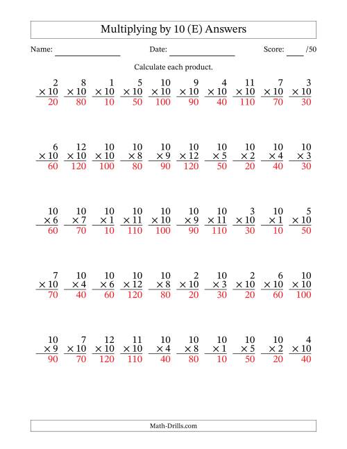 The Multiplying (1 to 12) by 10 (50 Questions) (E) Math Worksheet Page 2
