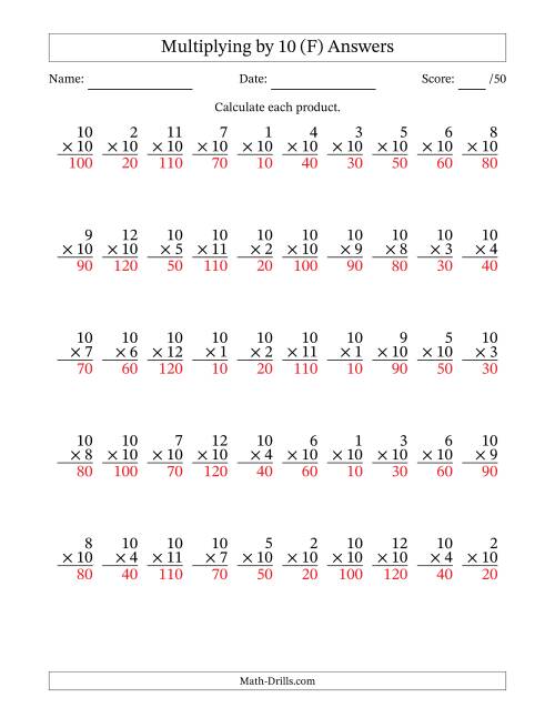 The Multiplying (1 to 12) by 10 (50 Questions) (F) Math Worksheet Page 2
